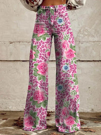 Bequeme Damen Palazzo-Hose mit floralem Muster – Rosa Blume