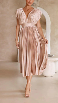 Elegantes Plissiertes Damen Abendkleid – Champagner