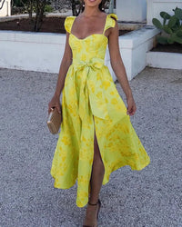 Bedrucktes Damen Sommerkleid mit Flügelärmeln – Gelb