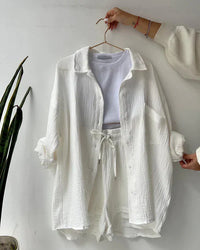 Damen Plissee Set Zweiteiler Elegant – Weiß