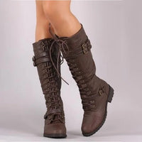 Damen Schnürstiefel Flach Vintage mit Schnallen im Steampunk-Stil – Braun