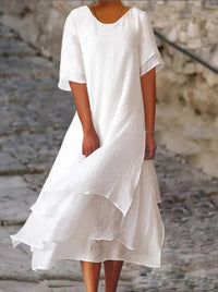 Damen Sommerkleid mit Doppellagen - Kurze Ärmel und Rundhalsausschnitt – Weiß