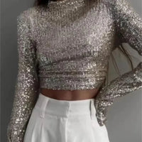 Karolin | Paillettenverziertes langärmliges Crop Top – Silber