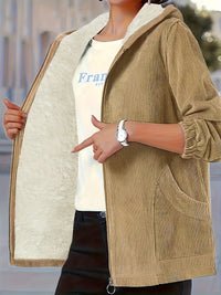 Elltren | Plus Size Solid Hooded Jacket, lässige warme Zip Up Jacke – Khaki