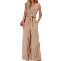 Michelle - V-Ausschnitt Crop Top mit Knoten vorne und weit geschnittene Hose Set – Khaki