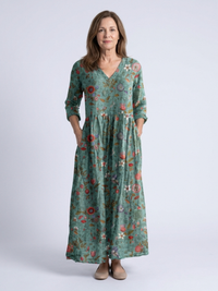 Marina | Florales V-Ausschnitt Maxikleid mit drei Viertelärmeln – Grün