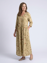 Marina | Florales V-Ausschnitt Maxikleid mit drei Viertelärmeln – Gelb