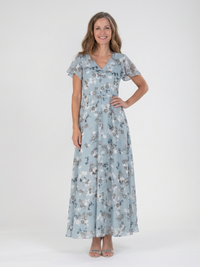 Ismeria | Florales Chiffon Maxikleid – Himmelblau