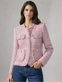 Kurze Tweed Jacke für Damen mit Brusttaschen und ohne Kragen – Rose