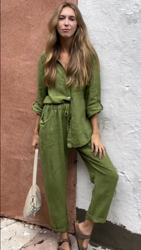 Yara - Leinen-Kombi-Set aus Hemd und Hose – Olivgrün