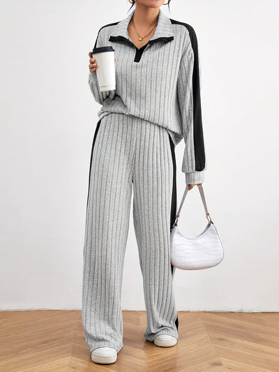 Bequemes Damen-Outfit: Schulterfreier Pullover mit weiter Jogginghose für den Winter
