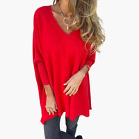 Bequemer Damen Strickpullover V-Ausschnitt – Rot