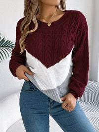 Damen Colorblock Pullover mit Rundhals | Casual Strick – Bordeaux
