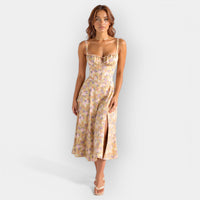 Elegantes Damen Korsett-Kleid Midi – Gelb