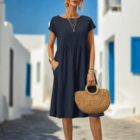 Naomi Sommerkleid | Elegantes fließendes Sommerkleid kurzärmelig für den Sommer – Dunkelblau