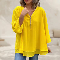 Elegantes Damen Chiffon-Top mit V-Ausschnitt und Reißverschluss – Gelb