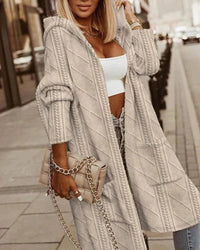 Lange Strickjacke Damen Mit Kapuze, Oversize Cardigan Für Herbst & Winter, Grobstrick, Gemütlich, Modisch – Beige