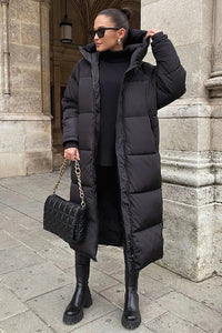Langer Steppmantel für Damen im Oversize Form – Schwarz