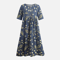 Gertrude | Damen Langes Baumwollkleid Gummizug-Taille – Baumwoll Maxi Alltagskleid – Blau