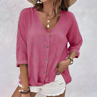 Lässige Damenbluse mit Knöpfen – Elegante Bluse für den Sommer, V-Ausschnitt, Entspannte Rollärmel, Vielseitig kombinierbar – Rosa