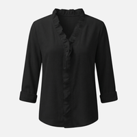 Sigrid | Damen Leichte Leinenbluse V-Ausschnitt Rüschen – Leinen Bluse Rüschen Sommer – Schwarz