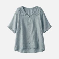 Zarah | Damen Leichte Sommer Leinenbluse Muschelkragen Lockere Passform – Muschel Bluse – Blau
