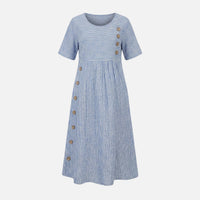 Quirina | Damen Leinen-Midikleid Knopfleiste – Leinen Midi Kleid Knöpfe Sommer – Blau