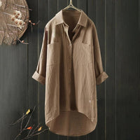 Damenhemd mit Knopfleiste, lange Ärmel, Leinenstoff – Khaki