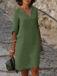 Elegantes Damen Leinenkleid - Sommerliche Tunika mit luftigem V-Ausschnitt – Olivgrün
