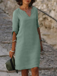 Elegantes Damen Leinenkleid - Sommerliche Tunika mit luftigem V-Ausschnitt – Grün