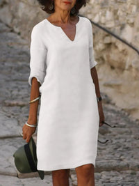 Elegantes Damen Leinenkleid - Sommerliche Tunika mit luftigem V-Ausschnitt – Weiß