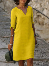 Elegantes Damen Leinenkleid - Sommerliche Tunika mit luftigem V-Ausschnitt – Gelb