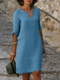 Elegantes Damen Leinenkleid - Sommerliche Tunika mit luftigem V-Ausschnitt – Himmelblau