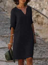 Elegantes Damen Leinenkleid - Sommerliche Tunika mit luftigem V-Ausschnitt – Schwarz