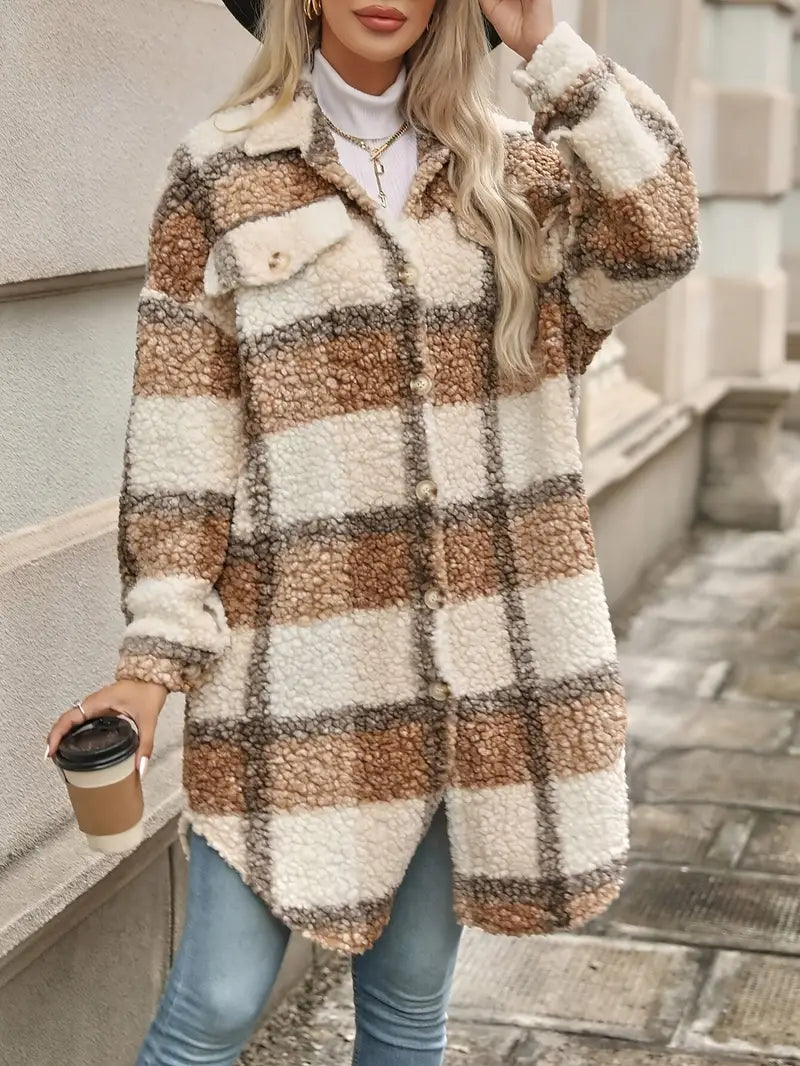 Clionessa | Sherpa-Mantel mit Gingham-Knopfleiste, lässig, langärmelig