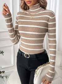 Reigvynn | Gestreifter Rollkragenpullover, eleganter langärmeliger Pullover mit schmaler Passform – Hellbraun