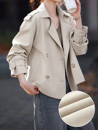 Rernulha | Zweireihiger Trenchcoat mit Revers, eleganter solider Mantel mit langen Gürtelärmeln – Helles Khaki