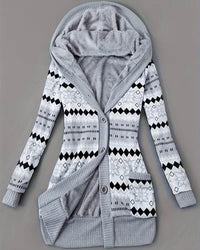 Emma | Gemusterte Kapuzen-Strickjacke für Damen – Grau