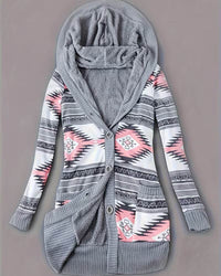 Emma | Gemusterte Kapuzen-Strickjacke für Damen – Grau Rosa