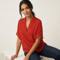 Luftige Damen Sommerbluse mit V-Ausschnitt - Aurélie – Rot