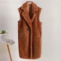 Damen Winter Teddy Mantel | Ärmellos – Camel