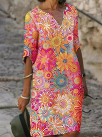Leona - V-Ausschnitt Blumenkleid – Rosa
