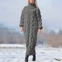 Clara | Damen Strick-Maxikleid lang mit stilvollem Zopfmuster – Grau