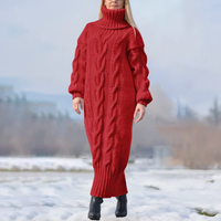 Clara | Damen Strick-Maxikleid lang mit stilvollem Zopfmuster – Rot