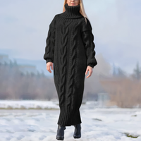 Clara | Damen Strick-Maxikleid lang mit stilvollem Zopfmuster – Schwarz
