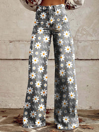 Bequeme Damen Palazzo-Hose mit floralem Muster – Weiß Blume