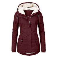 Wasserdichte Damen Winterjacke mit Teddy-Futter, Kapuze und Reißverschluss-Taschen – Dunkelrot