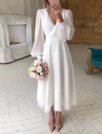 Damen Klassisches Langarm Fließendes Hochzeitskleid – Weiß
