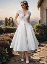 Damen Elegante V-Ausschnitt Brautkleid | Midi – Weiß