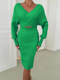 Damen Midikleid mit V-Ausschnitt und langen Ärmeln für Herbst und Winter – Grün